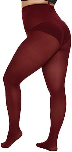CozyWow Plus Size Tights for Women 80D Soft Solid Color Semi Opaque Pantyhose High Waist 1X 2X 3X 4X Wine Red-2XL
