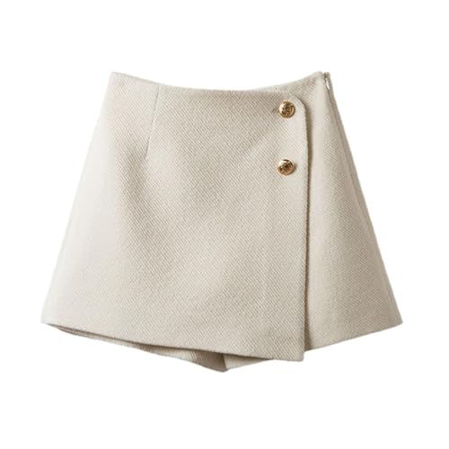 Minifalda de tweed para mujer, para otoño e invierno, de cintura alta, con botones, acampanada, con cremallera, blanco, L(55-60kg)