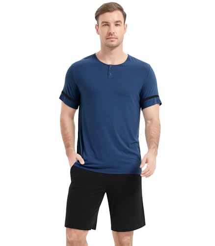 Image of NACHILA Pajamas Set for Men-Viscose Made from Bamboo, Short Sleeve Sleepwear Cool Pjs with Shorts Pants Soft Loungewear