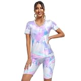 Tenue 2 pièces pour femme au quotidien, galaxie, espace, étoiles, yoga, entraînement, manches courtes, col en V, short de motard, ensemble de sport, haut à manches courtes et pantalon, multicolore, L