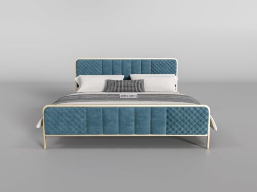 Image of Modern Upholstered Double Size Bed for Bedroom | Metal Double Bed | Platform Cot Bed with Upholstery Premium Fabric | 6.5 x 4 Ft | Powder Coated Metal Beds | Turquise