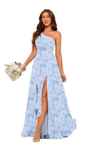 RSOETOO Chiffon Floral Bridesmaid Dresses with Pockets 2025 Long One Shoulder Split Formal Party Dress for Women RO139