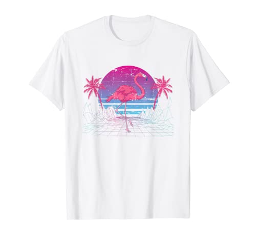 Palmeras de pájaros Flamingo Amante Animal Tropical Vaporwave Camiseta