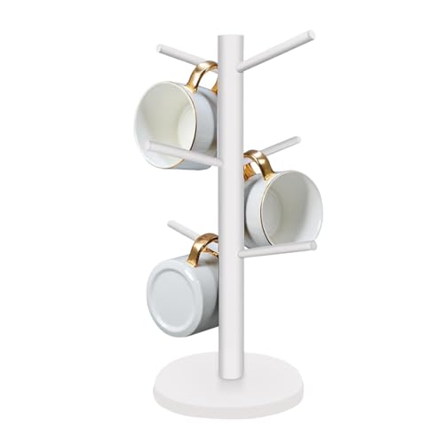 COSY105C Wooden Mug Holder Tree, Coffee Cup Holder, Mug Organizer with 6 Hooks (White)
