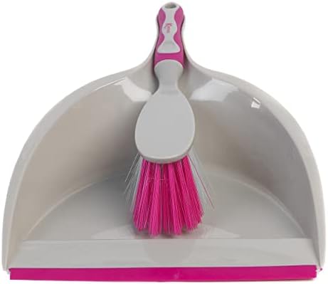 Kleeneze KL062390EU Deluxe Space Saving Handheld Dustpan & Brush Set, Grey/Pink, Soft Grip Handle, Flexible Lip, Perfect for Dust, Dirt & Crumbs, Ideal for Most Hard Surfaces, Space Saving Design