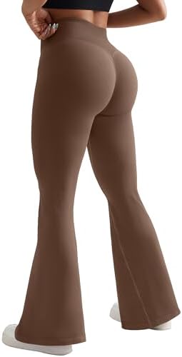 OMKAGI Butt Lifting Flare Leggings for Women Tummy Control Wide Leg Flared Yoga Pants(XL,5-Khaki)