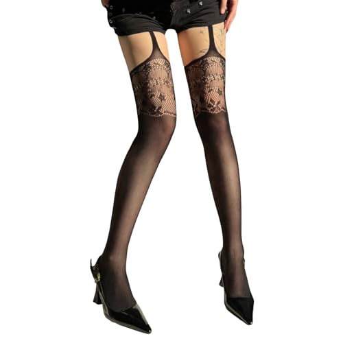 Limtula Medias de liguero de encaje hasta el muslo, mallas estampadas para mujer, liguero, medias con tirantes, cinturón de ropa urbana, Negro, Altoa única