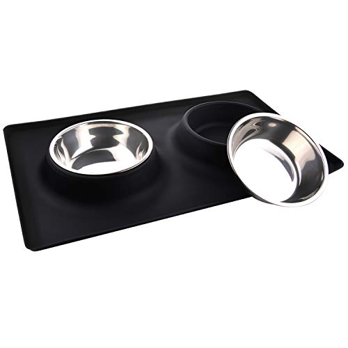 MOACC Fressnäpfe für Hunde und Katzen, 2 x 400ml Edelstahl Doppel Napf Schalen mit Nicht kleckern Rutschfesten silikon tablett Matte Reisen Schüssel Haustier Lebensmittel Wassernapf