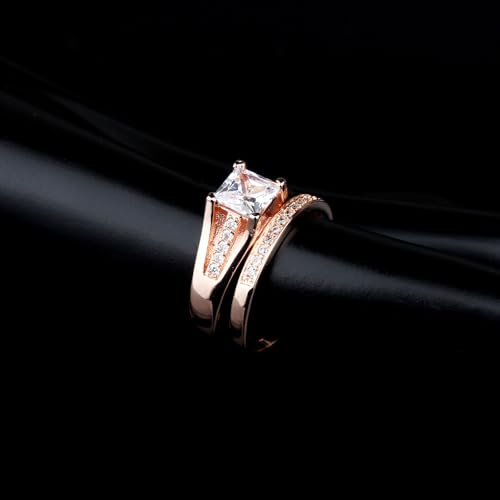 Wedding Bands for Women Two-in-One Princess Cut Cubic Zirconia Wedding Rings 18K White/Rose Gold Plated Engagement Rings Set Size 6-92