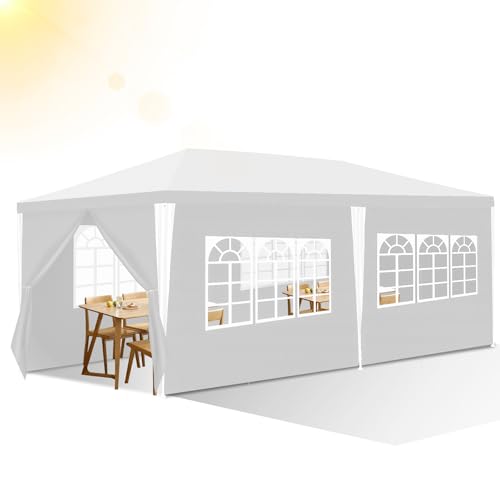 Izrielar Carpa impermeable para jardín con 6 paneles laterales, tienda de campaña para jardín, protección solar, carpa para fiestas, puestos de mercado, festivales, color blanco, 3 x 6 m