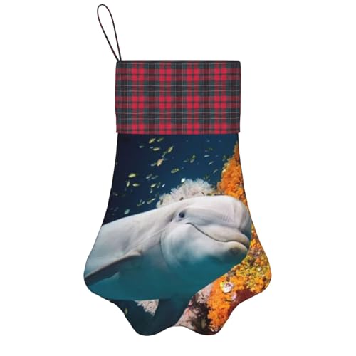 BONDIJ Chaussettes de Noël personnalisées à motif de dauphin sur corail avec patte d'animal de compagnie à suspendre pour décoration de Noël