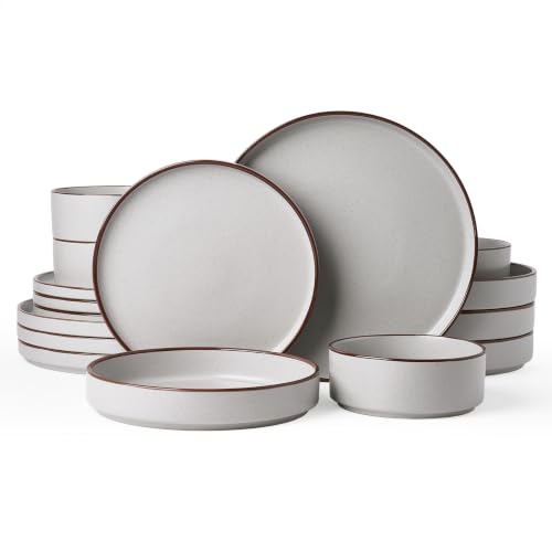 Image of Famiware Nebula Ridge 16-Piece Dinnerware Set with Pasta Bowls, Light Gray