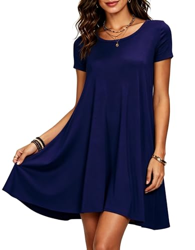 Image of Afibi Womens Short Sleeve Loose Pockets Dress Casual Swing T-Shirt Dresses