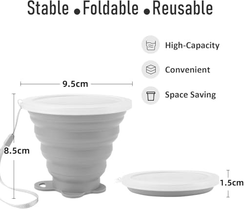 ddLUCK Silicone Foldable Cup, 2 Pack BPA Free Collapsible Travel Mugs, Folding Silicone Cups with Plastic Sealing Lid, Reusable Portable Cup Set for Picnic, Camping, Outdoor Hiking Travel