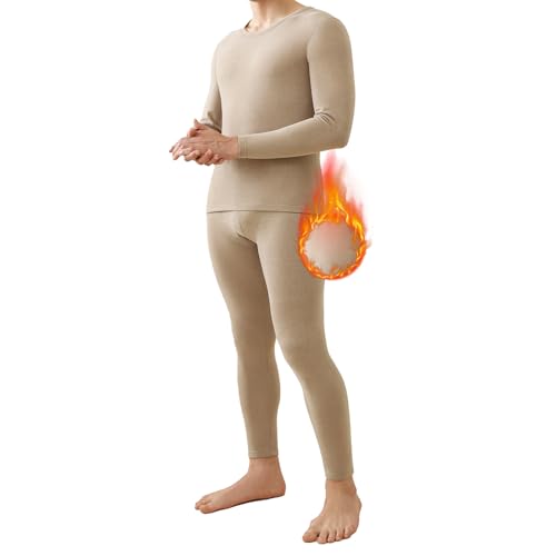 Ropa Termica Hombre Extra Cálido Conjunto Interior Termico Camiseta Manga Larga Malla Pantalon Calzoncillo Largo Frio Extremo Nieve Invierno Esqui Running (Camello,L)