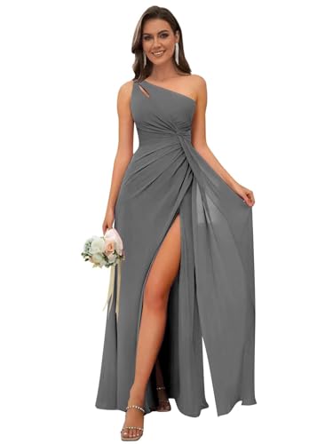 Image of OFEECHUN Women's Chiffon One Shoulder Bridesmaid Dresses Long Pleated Formal Evening Gowns with Slit