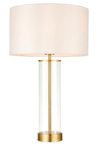 National Lighting Aurora Modern Brushed Gold Touch Dimmable Touch Sensitive Control Bedside Table Lamp with White Fabric Shade and Clear Glass Base