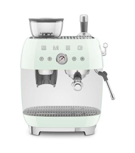 Smeg, Machine à Café Expresso Manuelle EGF03PGEU, avec Broyeur à Grain Intégré, Thermoblock, 4 Niveaux de Température, Buse Vapeur et Manomètre, Réservoir 1 L, Dimensions Compactes, 1350W, Vert d'eau