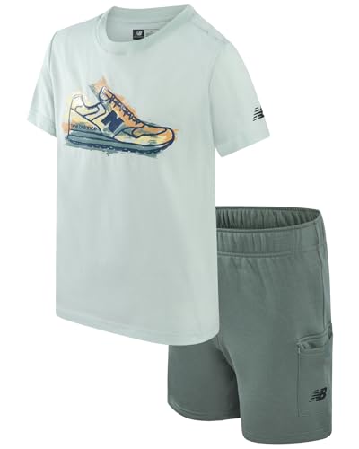 New Balance Boys Shorts Set - 2 Piece Athletic Performance Short Sleeve T-Shirt and Fleece Cargo Sweat Gym Shorts (8-12) Size 10 Clay Ash