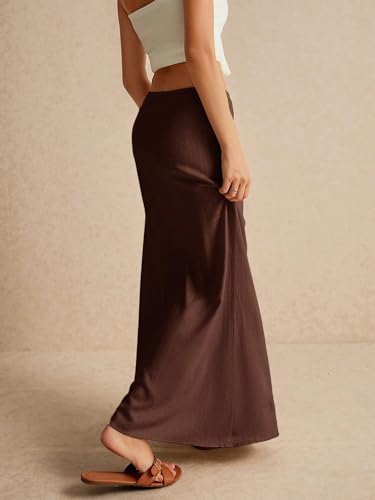 EARKOHA 2025 Women's Summer Maxi Skirt Drawstring Low Waist A Line Linen Long Flowy Skirts Coffee Brown XS3