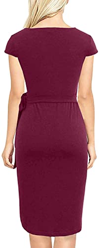 Image of Women's Vintage Cap Sleeves Asymmetrical Neckline Sheath Bodycon Casual Work Cocktail Party Pencil Faux Wrap Dresses
