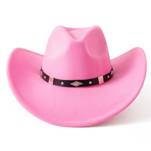image for Lanzom Women Men Classic Felt Wide Brim Western Cowboy Cowgirl Hat wit