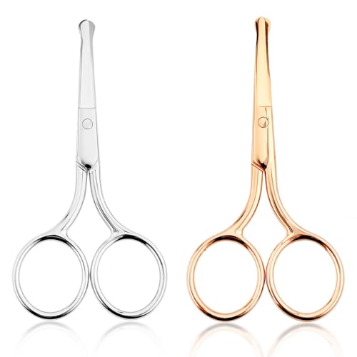 Gjinxi 2 x Bartschere Nasenhaar Schere Abgerundeter Nasenhaarschere Edelstahl Runder Spitze Nasenschere Nasenhaarschneider Augenbrauen Gesichtsschere für Männer Ohrhaaren, Nasenhaaren und Barthaaren B