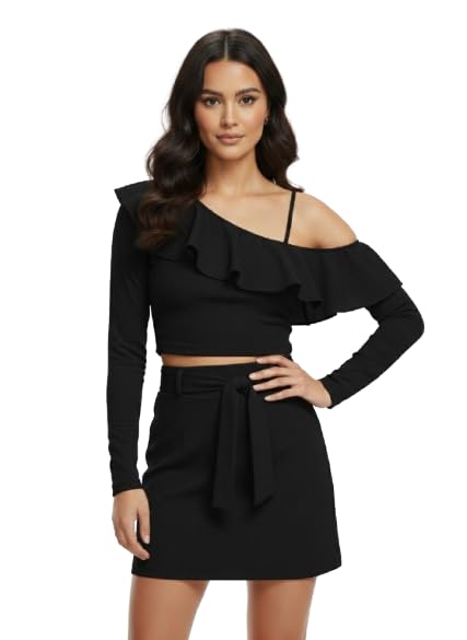 Women's One Shoulder Ruffle Crop Top and Mini Skirt Set, Jacquard Fabric, Long Sleeve Cold Shoulder Two Piece Outfit