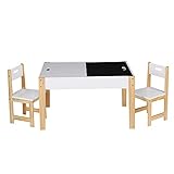 Modernes Spieldesign mit Kreidetafel. Die Tischplatte besteht aus 2 Seiten. Die eine Seite der Tischplatte ist eine Kreidetafel, die andere Seite besteht aus einem glatten, weißen Brett.