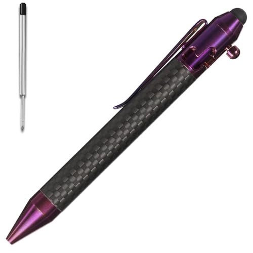 Cool Hand 4.9'' Carbon Fiber Bolt Action Pen with Retractable Stylus Tip for Any Touch Screen, Ballpoint Ink Refillable, Compact Size, Skelton Out Deep Pocket Clip (Carbon Fiber Purple)