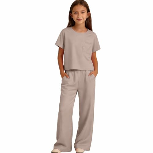 Image of Girls Co Ord Sets Teens Y2K Two Piece Outfits Kids Summer Cute Tracksuit Short Sleeve Cropped T Shirt Wide Leg Joggers Clothing Set Solid Color Casual Sweatsuit (Coffee, 11-12 Years)