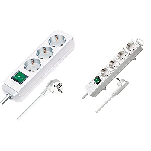 Brennenstuhl Eco-Line, Steckdosenleiste 3-Fach (5m Kabel) weiß & Comfort-Line Plus, Steckdosenleiste 4-Fach (Steckerleiste mit Flachstecker und Schalter, Mehrfachsteckdose mit 2m Kabel) weiß