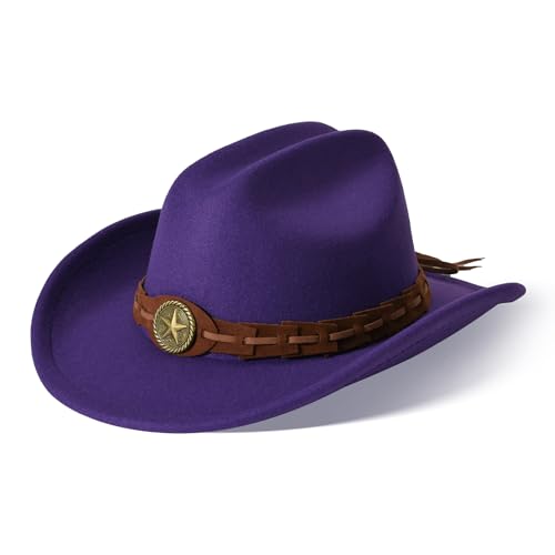 Image of Willheoy Kids Cowboy Hat for Girls Boys Western Cowgirl Hat with Buckle Belt Unisex Wide Brim Fedora Hat Dress Up Costume