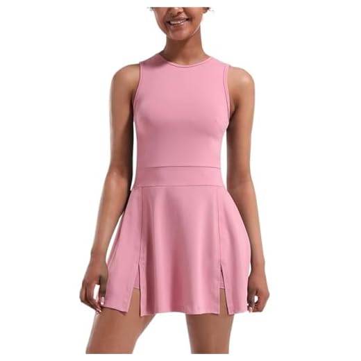 Women Tennis Dress Women Sleeveless Slim Tennis Dress Round Neck Quick-dry Golf Athletic With Shorts Ladies Pleated Split Workout Skirt S-XXL(Pink,S)