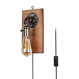 DISEÑO SIN TALADRO: El aplique de pared enchufable con una base de madera y un orificio de metal para colgar en la pared, que solo necesita pegar un gancho a la pared. Entonces puedes colgar la lámpara de pared. Diseñamos la lámpara de pared industrial con un cable enchufable. Simplemente cuelgue y conéctelo a la toma de corriente.
