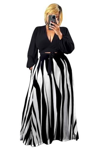 Plus Size Women's 2 Piece Outfits Printed Casual Long Sleeve Wrap Crop Top Maxi Long Dress Flowy Matching Sets