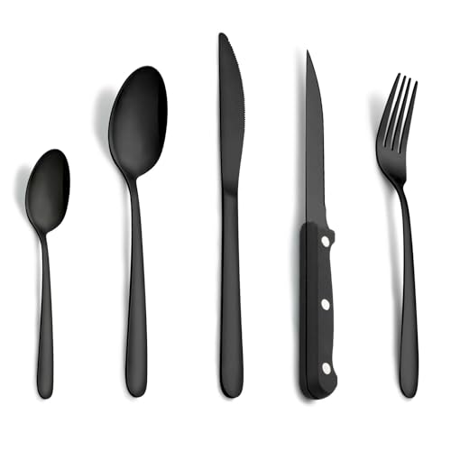 Pleafind 30 Stück Premium Schwarz Besteck-Set, 6 Personen, Lebensmittelqualität Edelstahl, Besteck-Set enthält Löffel, Messer, Gabel,...
