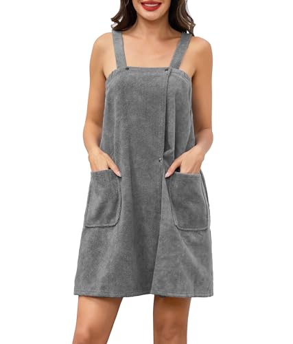 Lovasy Sauna Bademantel Damen Frottee Saunatuch Breite Schultergurte Saunakilt mit Taschen, Druckknopf und Gummizug,Dunkelgrau,XXL-3XL