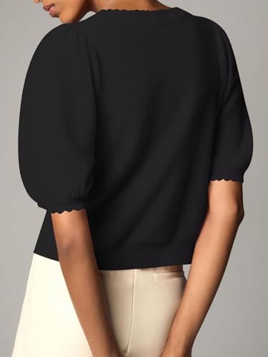 Image of BeautyNee Puff Sleeve Cardigans for Women Crew Neck Lightweight Summer Shirts Button Down Knit Shrug Sweater Tops