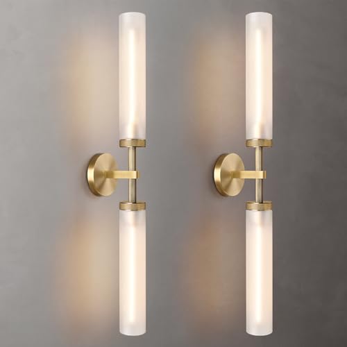 ZHFLT 2Pc 30" Knurled Brass 2 Light Wall Sconces, Long Modern Hardwired Bathroom Vanity Light, Frosted Glass Tube Linear Wall Light Fixtures, for Mirror,Bedroom,Living Room,Hallway