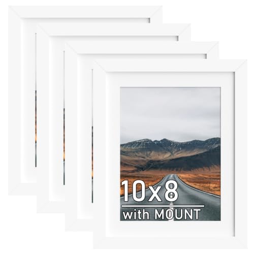 Image of 4Pack White 10x8 Picture Frames with Removable 8x6 Mount&Stand Bracket | 20.3x25.4cm Photo Frames with 14x19cm Mat, Wall Mounted and Freestanding, Display Horizontal and Vertical