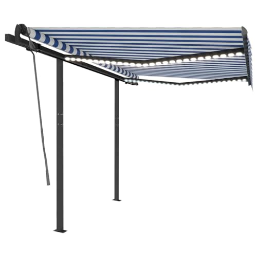 Baziroo Toldo de terraza con brazo articulado con luces LED solares para exteriores, para balcón, terraza, cafés o restaurantes, decoración al aire libre, protección solar azul y blanco, 350 x 250 cm