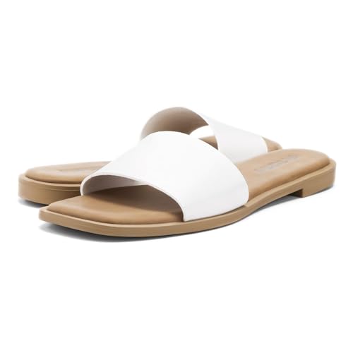 Image of FITORY Women's Slide Sandals Fashion Square Open Toe with Cushioned Footbed Slippers for Beach Size 6 White