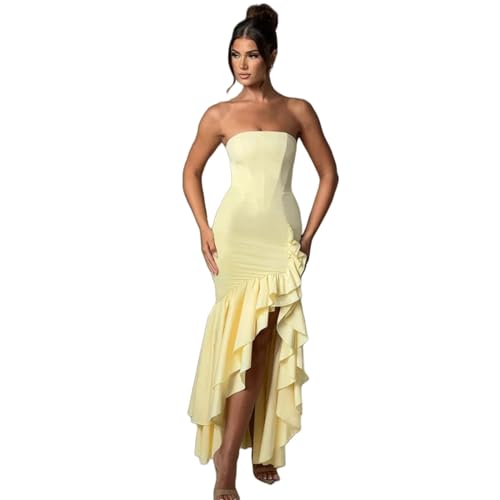 Image of Women's Sexy Strapless Backless High Split Long Maxi Dress Ruched Off Shoulder Sleeveless Bodycon Party Cocktail Dresses