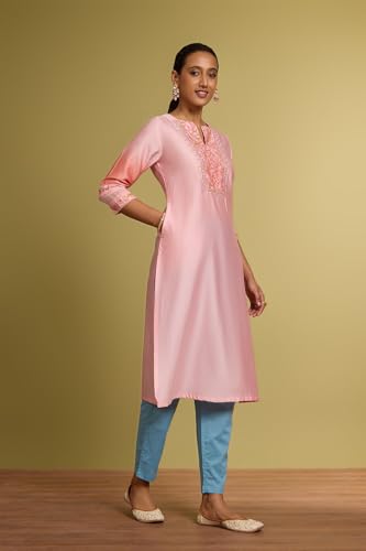 Image of Taneira Women Light Pink Pure Silk Cotton Embroidered Kurta (KUAK19LPXL-Light Pink-XL)