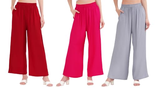 Image of Buy That Trendz Palazzo Pants for Women Rayon Elasticated Regular Fit Flared Wide Leg M to 6XL Pack of 3