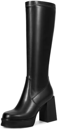 wetkiss Platform Knee High Boots Women Chunky High Heel Black Boots for Women Gogo Boots with Side Zipper Stretchy Boot Not for Bigger Wide Calf