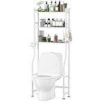 3-Tier Over The Toilet Storage with Paper Holder, Metal Bathroom Organizers and Storage for Small Space, Freestanding Bathroom Shelves with 4 Hooks, Above The Toilet Storage Shelf, White