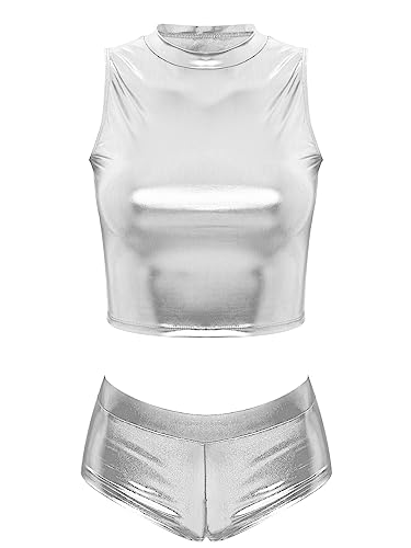 Women Shiny Metallic Vest Crop Top Low Rise Shorts Bikini Bottoms 2Pcs Swimsuit Outfits Set4