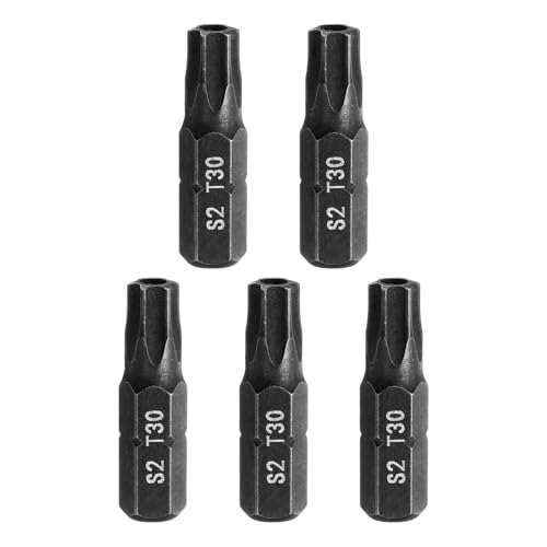 sourcing map 5pcs T30 Torx Screwdriver Bit 1/4" Hex Shank 25mm/1" Length S2 Steel Star 6 Point Head Hex Security Screw Driver Bits with Hole for Impact Electric Screw Driver Power Tools, Black